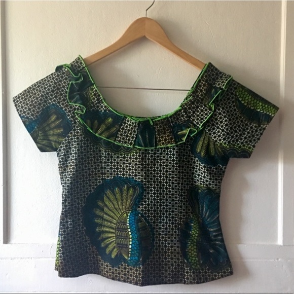 African Wax Print Ruffle Neck Short Sleeve Structured Handmade Blouse - Picture 5 of 9